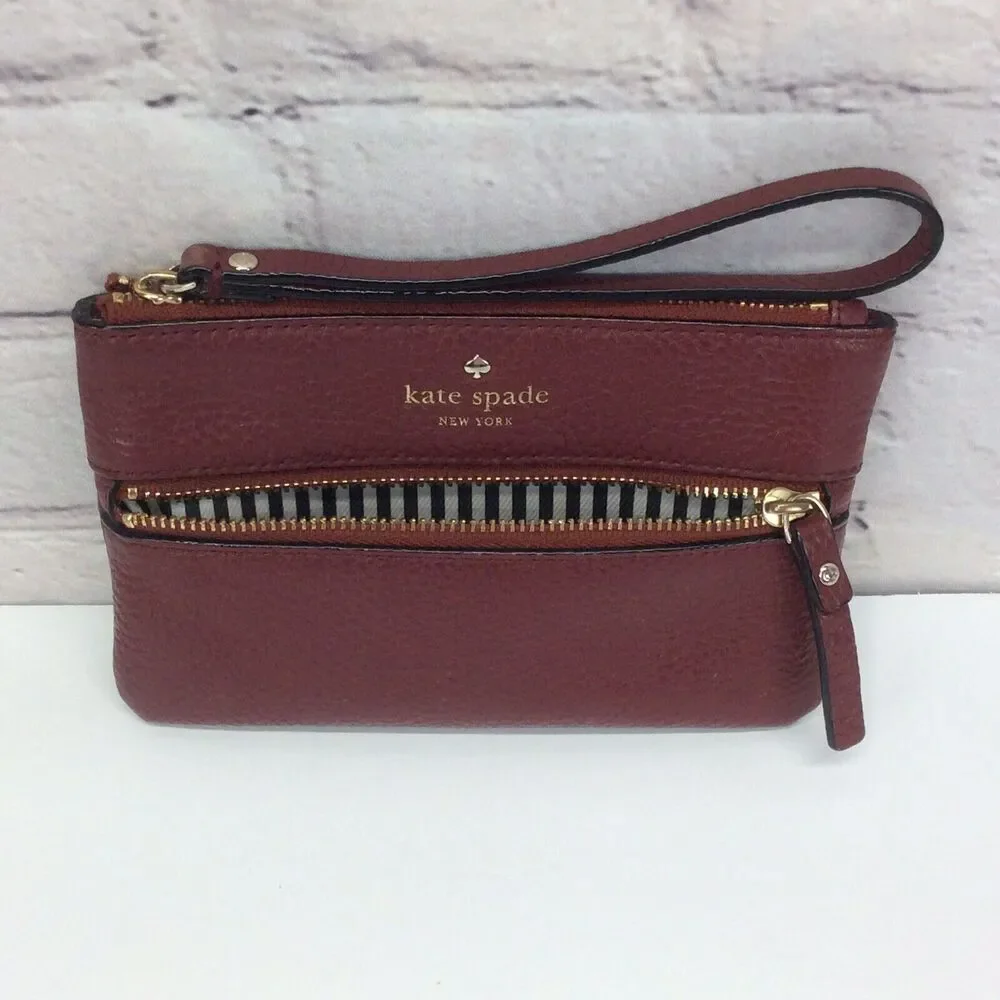 Kate Spade Pebbled Leather Wristlet Burgundy Designer Lined Zipper Clutch Wallet